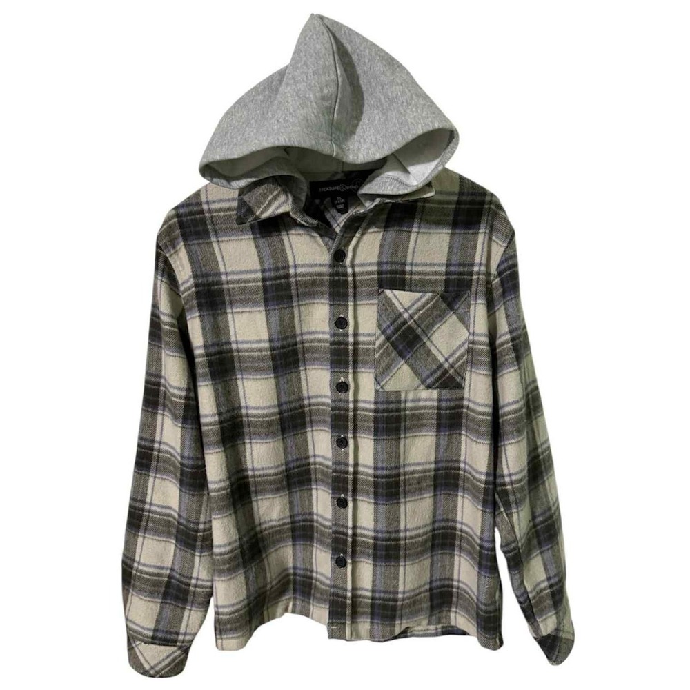 Treasure & Bond Girls XL 14/16 Hoodie Plaid Flannel Shacket Gray Black Jacket